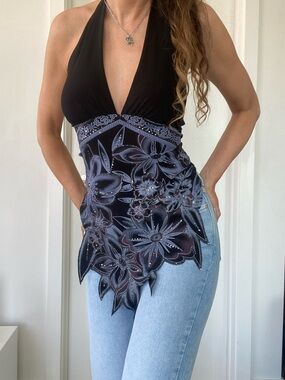 Sparkles! Fairycore Size L whimsy witchy dark angel black halter stretch top